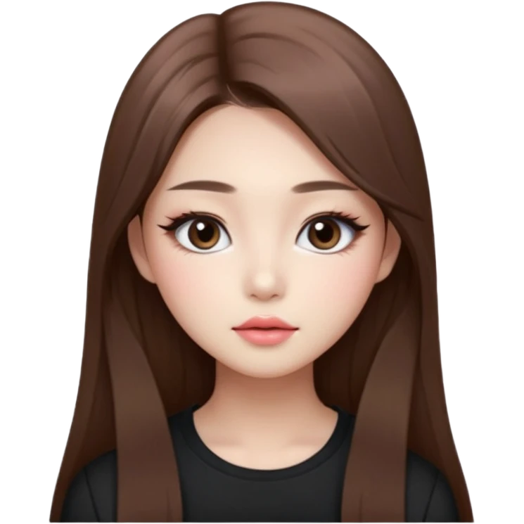 “korean straight long brown hair Emoji girl, soft eyeliner and blush, gradient lips, light brown shimmer eyeshadow emoji