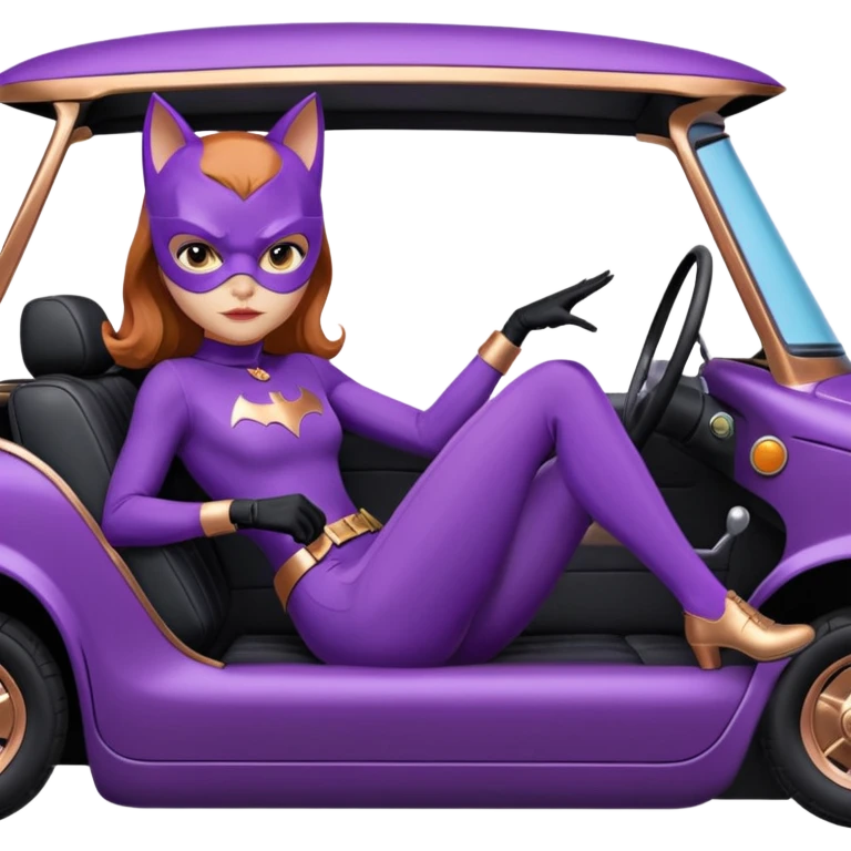 Hot real-appearance racing action BatGirl’s purple tights sixty’s tv show 1932 stealth retro cat burglar sporty petite off-road pursuit mobile cruiser car rose gold accents (reclined and relaxed seating position and attitude) emoji