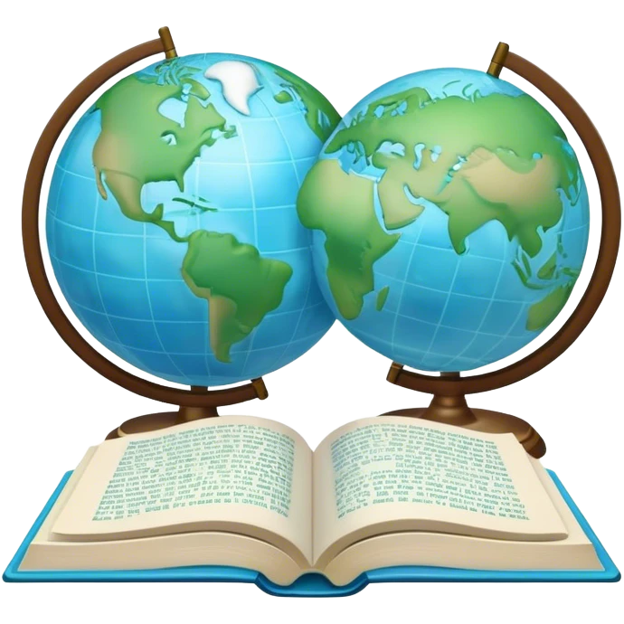 Create an emoji representing language translation. The design should feature just one globe in the background, symbolizing international communication. In front of the globe, place two opened books with texts on them and a pen nearby to indicate the act of writing. Use a clean and professional color palette with blues, greens, and neutral tones. Make the background transparent. emoji