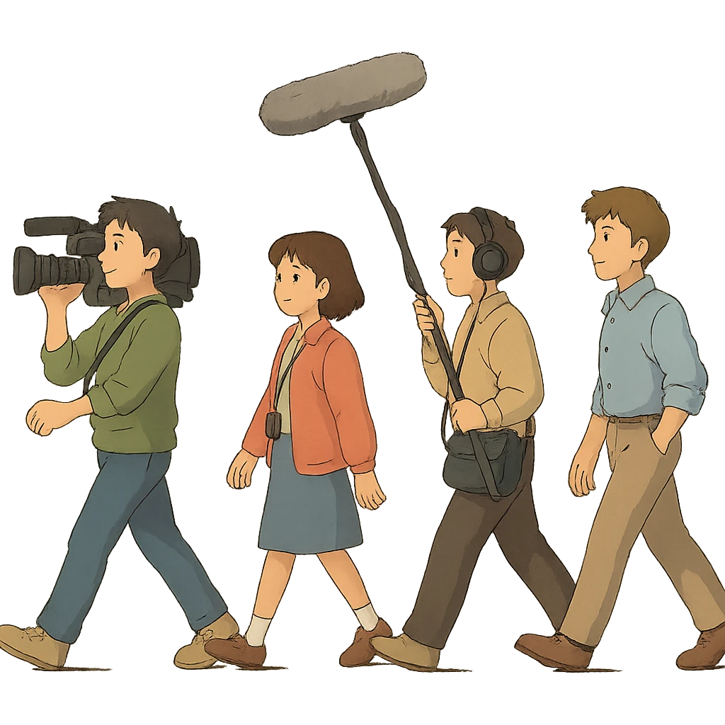 a flim crew, walking from left to right across frame: a cameraman, and a microphone operator emoji