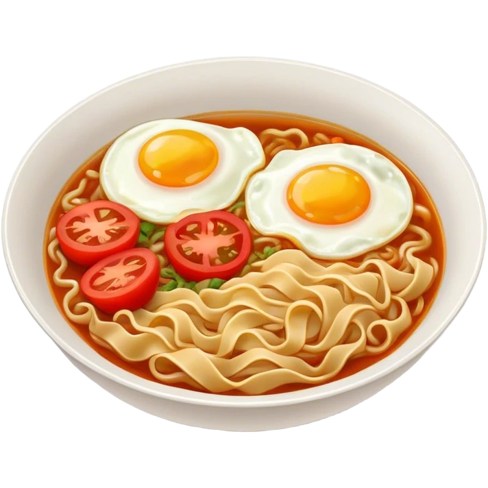 Spicy bowl of noodles with fried eggs and two pieces of tomatoes  emoji