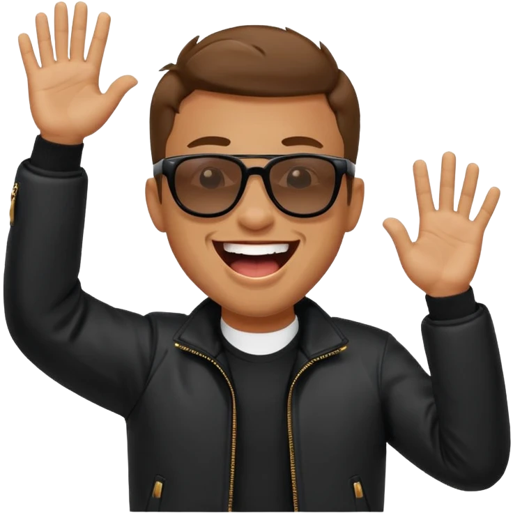 happy man with sunglasses, open mouth laugh, waving, black jacket emoji