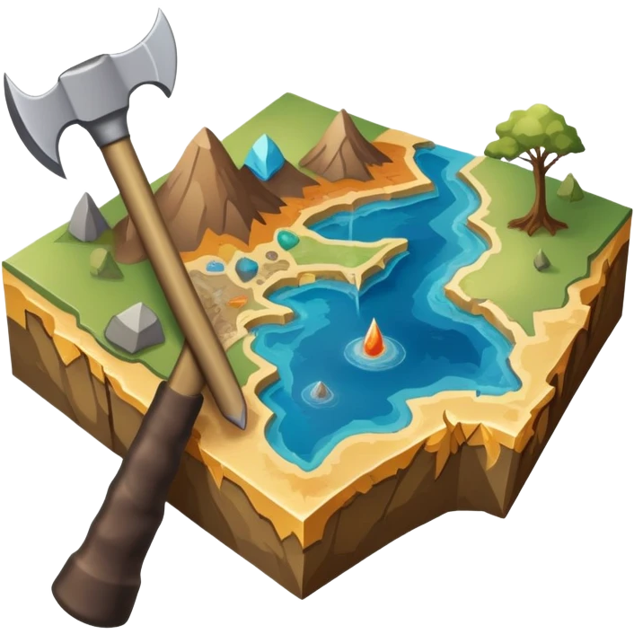 An icon featuring a pickaxe and a geological map, and layers of Earth’s crust, symbolizing geology. The design includes mineral samples, fossils, and tectonic plates, representing the study of Earth’s structure and natural processes. Transparent background highlights geological exploration emoji