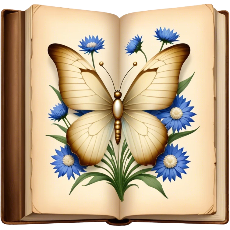 A vintage book with a worn beige cover, open to reveal pressed white cornflowers and a resting perl butterfly. emoji