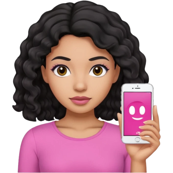 A mixed woman with black wavy hair and black eyes wearing pink emoji