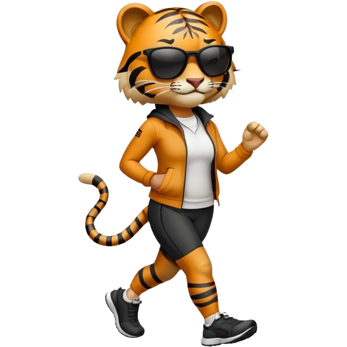 female energetic anthropomorphised tiger in sports clothes, wearing dark sunglasses, walking upright emoji