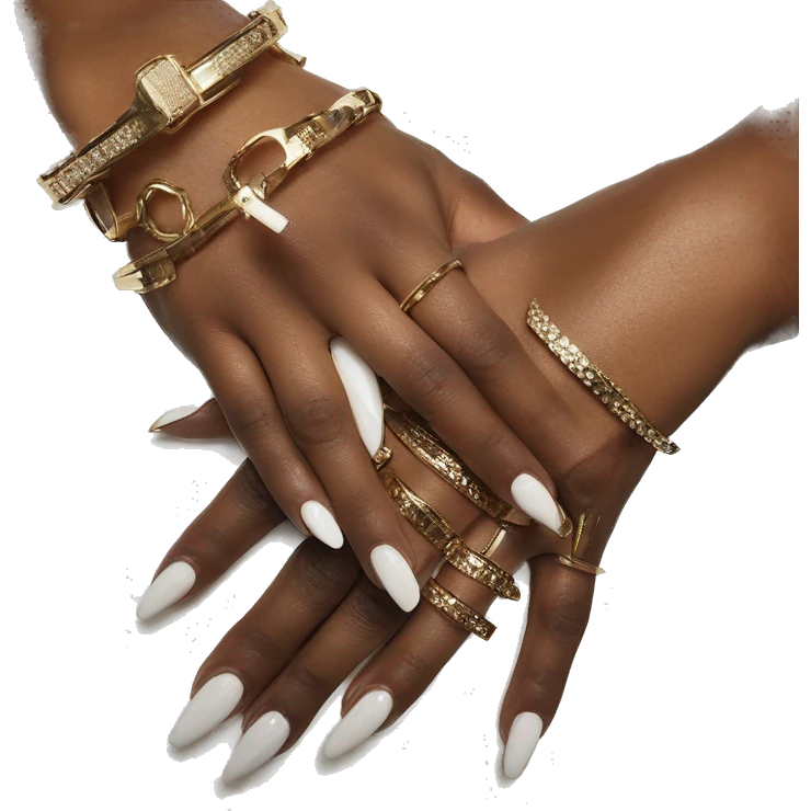 White French manicure, Cartier gold bracelets on the hands emoji