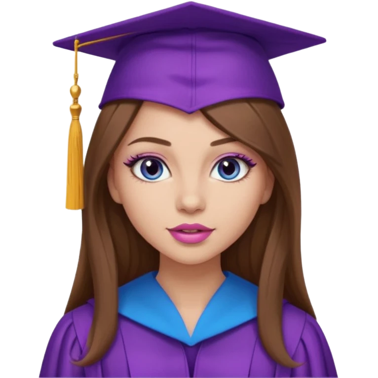 girl with beautiful long brown hair, blue eyes, long lashes makeup, sexy pink lips, wearing a purple graduation cap and gown emoji
