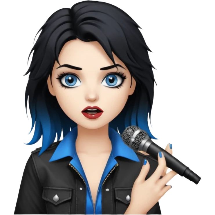 
 rockstar girl with black disheveled hair, blue eyes, Smokey eyes grunge makeup, singing  emoji