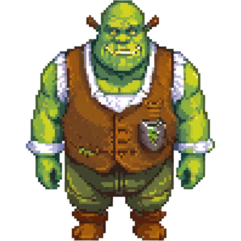 Shrek as a pixel art style green ogre, simple features, brown vest, white shirt, blocky look emoji