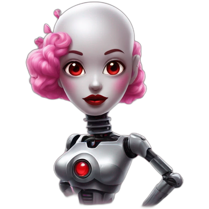 Robot speak with young woman with this style : gothic Pin-Up pink eyes and red mouth emoji