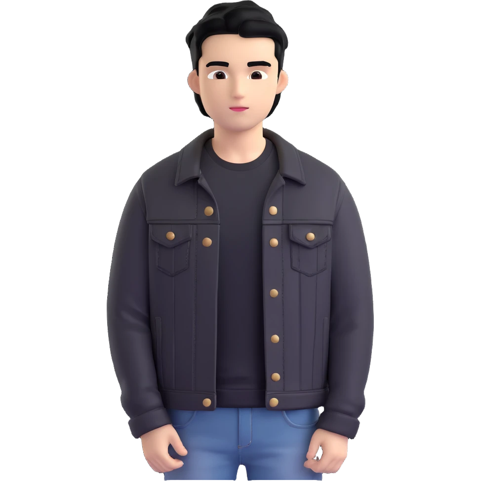 3D emoji Microsoft style, young man with black hair, wearing black t-shirt and black denim jacket, based on photo reference, slight shadow on face emoji