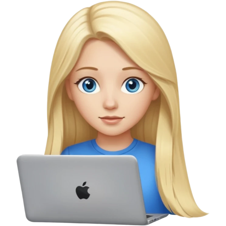 White girl with long blonde hair and blue eyes with laptop emoji