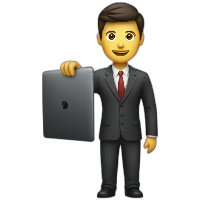 a man in a suit holding a laptop up  emoji