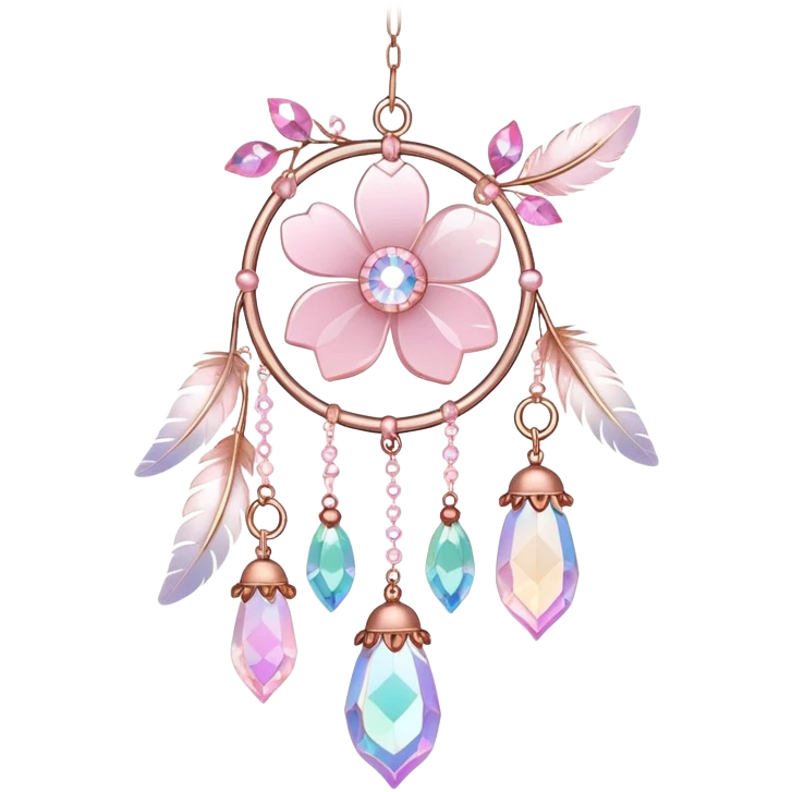 Hanging Iridescent pastel pink sakura crystals white-pearly suncatcher with bells and feathers emoji