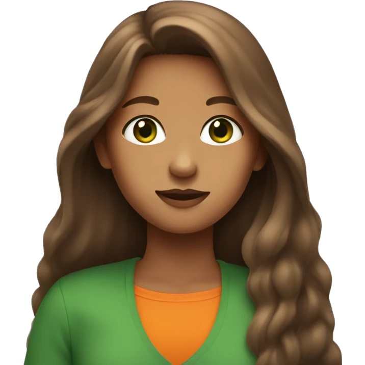 A girl with long brown hair, green and orange eyes take 🤭 emoji