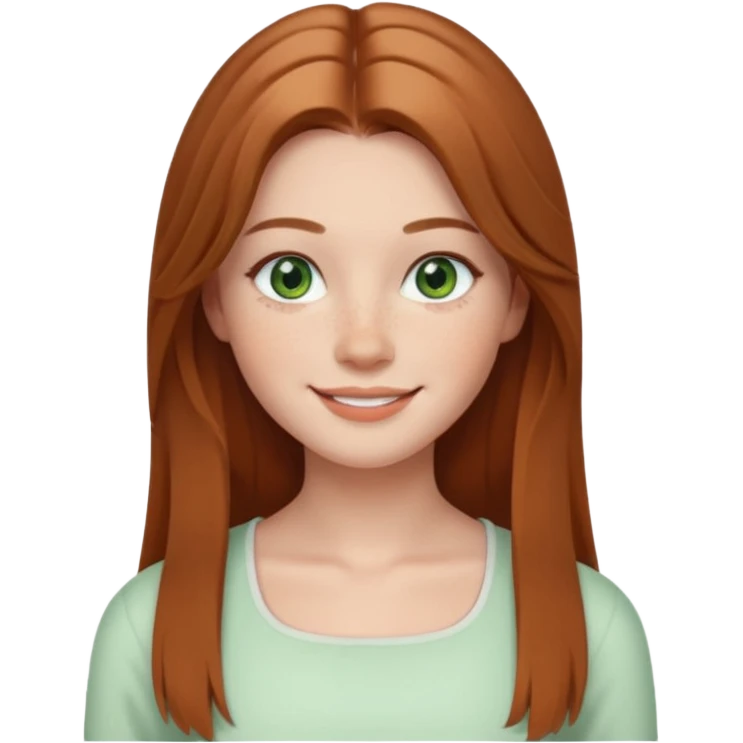 emoji of a woman named Freya McOmish, smiling, green eyes, long light brown hair, subtle freckles, modern casual style, broad shoulders, wearing a white square neck top emoji