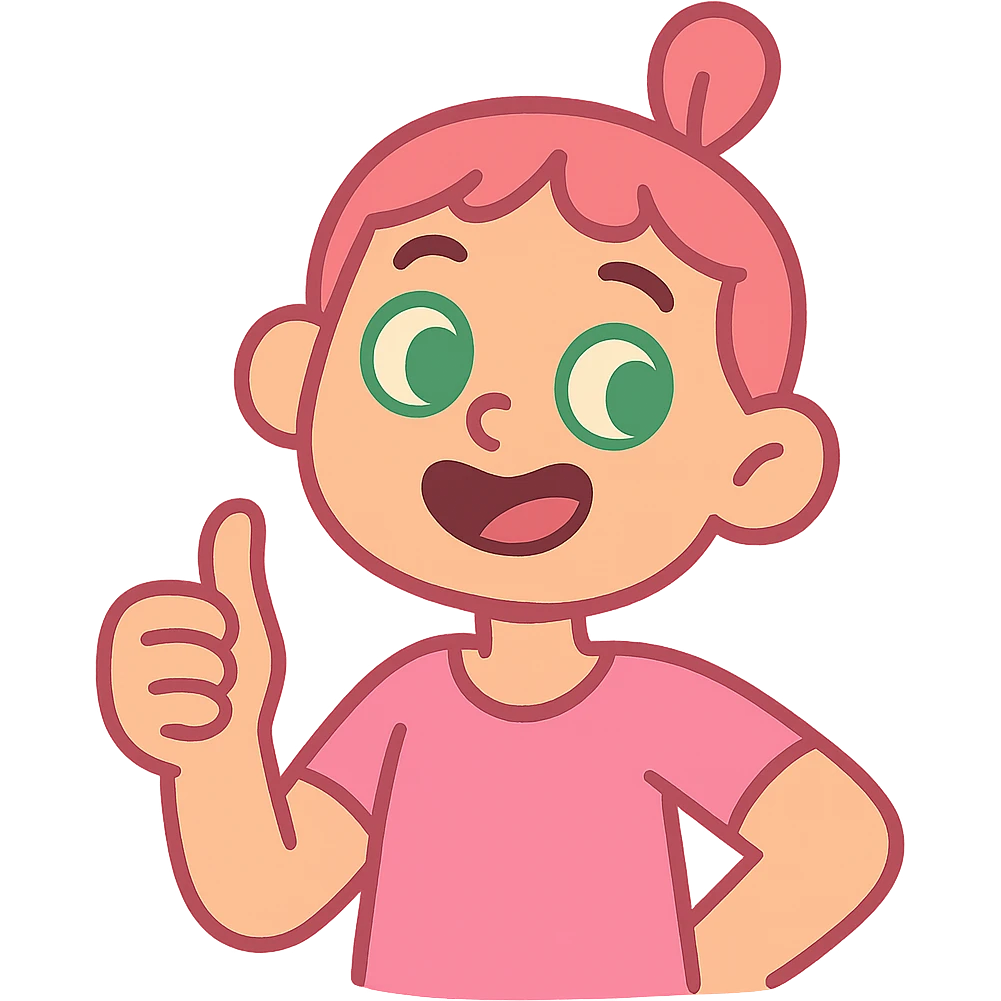 girl with pink topknot haircut and green eyes giving a thumbs up emoji