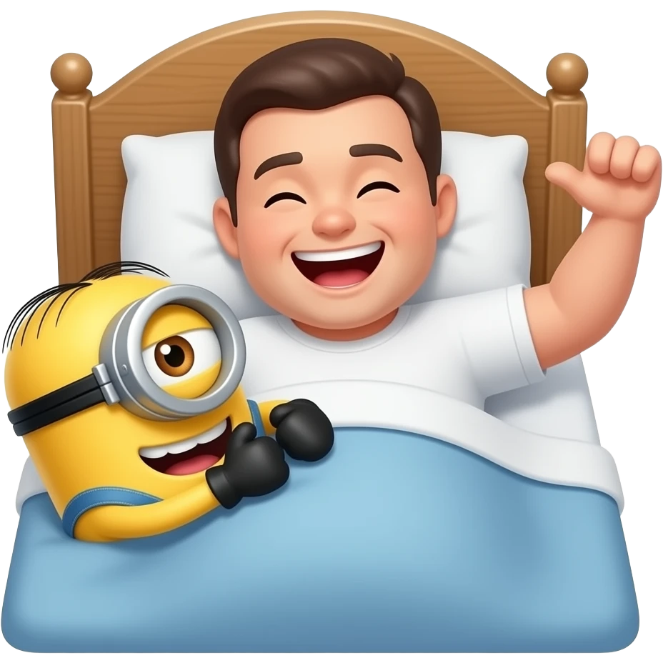 MAKE ME AN EMOJI WHERE HUMAN I AM SLAPPING MY BIG FAT GUT AND GIGGLING WHILE MINION while I’m in bed with emoji