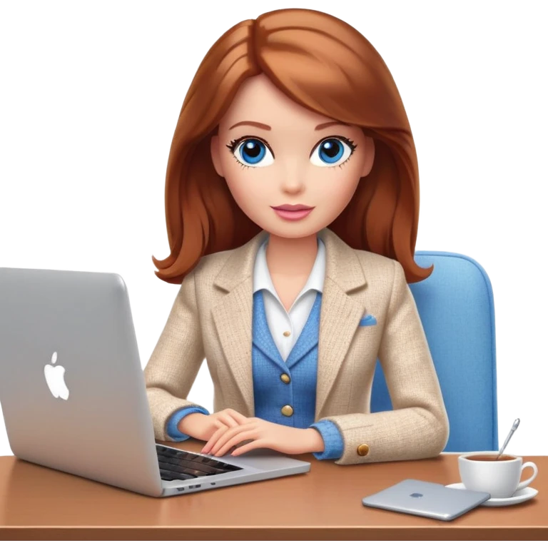 A Barbie girl with blue eyes, shoulder-length reddish-brown hair, made-up, wearing a white tweed jacket and beige skirt, is sitting at a table with a MacBook emoji