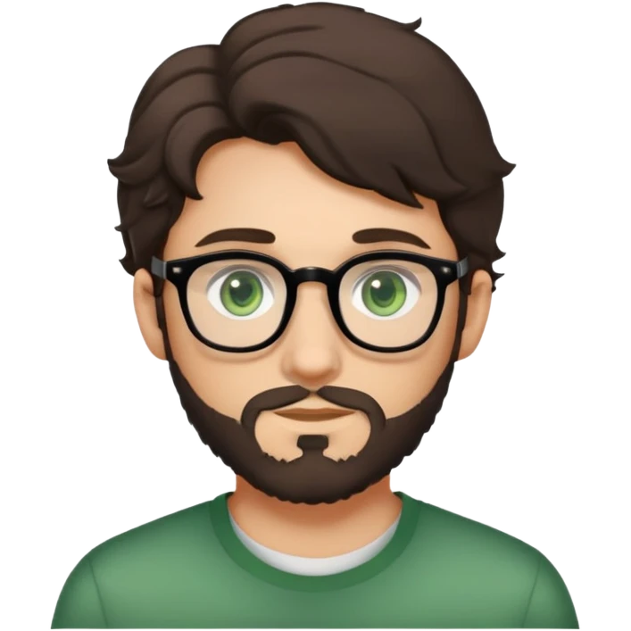 young man with dark slightly curled hair wearing glasses with green eyes and light beard emoji