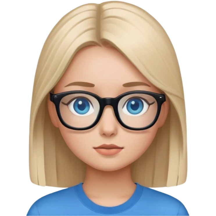Blonde girl with straight hair blue eyes and black glasses with a blue shurt emoji