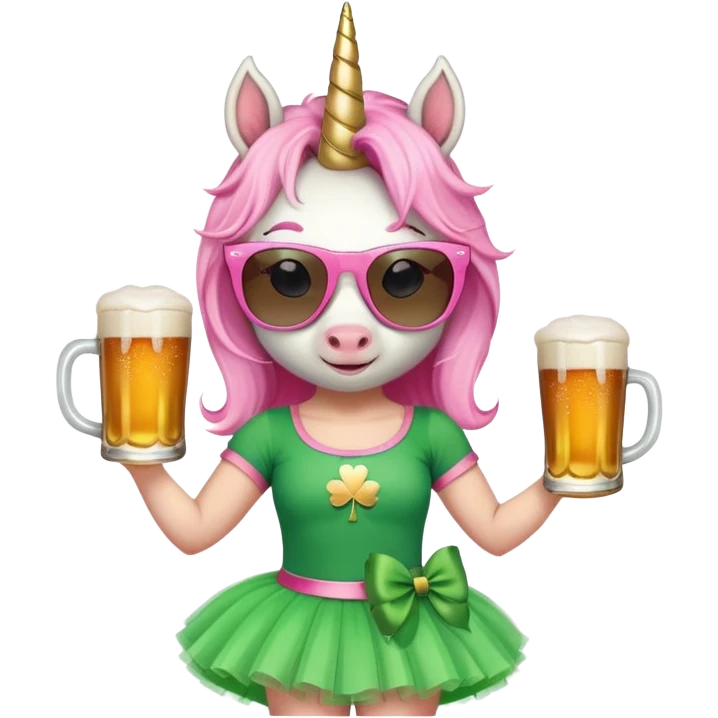 friendly anthropomorphised female unicorn with horse-like face, in tutu and pink t-shirt, wearing dark sunglasses, celebrating St. Patrick's Day emoji