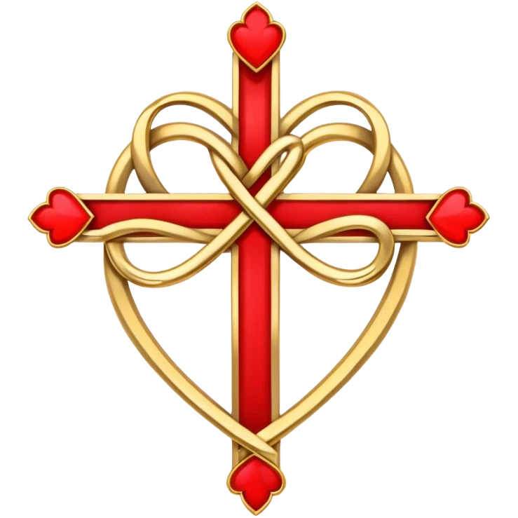Two red  heart outlines  entwined with a simple gold cross  emoji
