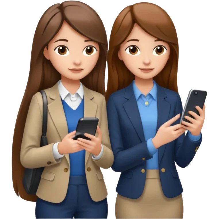 two brown haired girls, looking professional maybe leaned on each others back and looking forward and using phones, with long hair and one girl can hold lap top another one can hold the phone, professional clothes, more stylish emoji