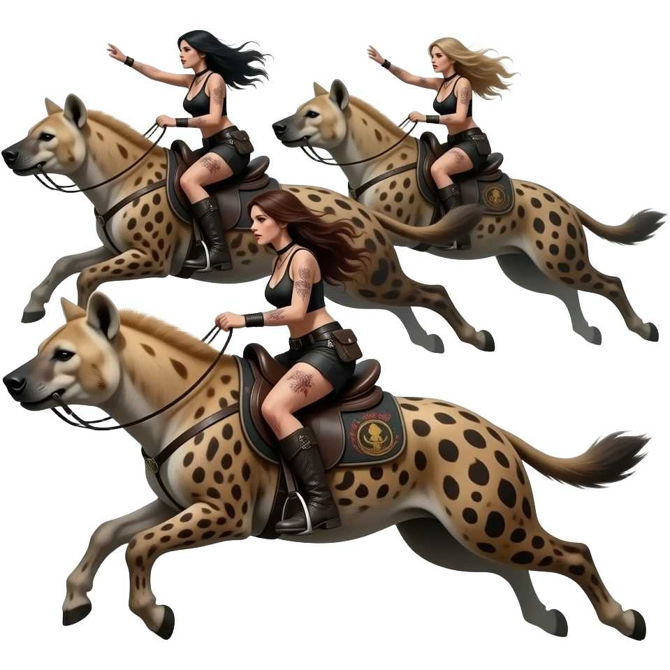 steampunk - four skinny and dirty female riders of the apocalypse ride leaping on large tattooed hyenas in a messy composition emoji