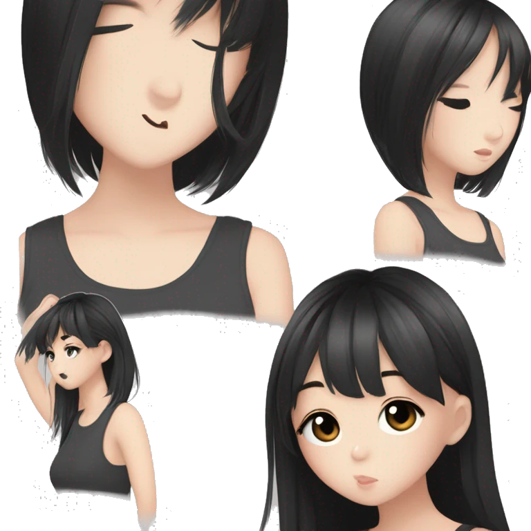 Korean girl, black tank top, black hair, black eyes, layered hair, cool girl, aesthetic, long hair, hime cut, blunt bangs, small silver hoop earrings emoji