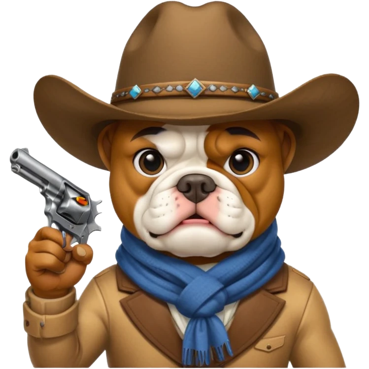 A bulldog wearing a cowboy hat, covering his face with a scarf so he wouldn't be recognized, pointing a revolver at you, telling you to hand over your money. emoji