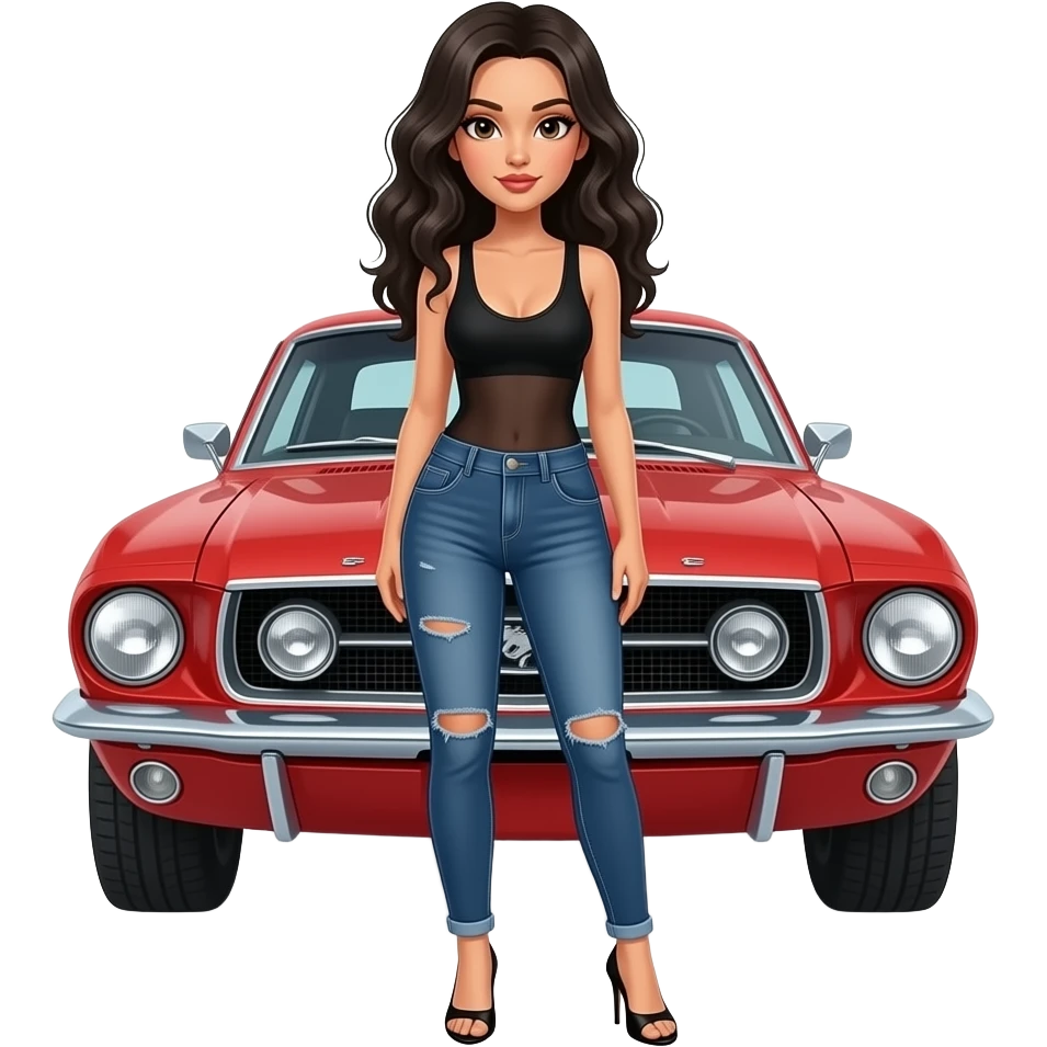 Pale girl with black wavy hair stretching on the hood of a red ford mustang 1968 coupe. Girl wearing a sheer black medium neckline sleeveless top, jeans and heels with visible toes. emoji