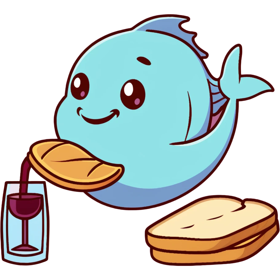Cool fish swimming in wine eating sourdough bread emoji