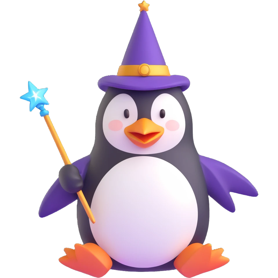 A penguin wizard with a pointy hat and a magic wand emoji