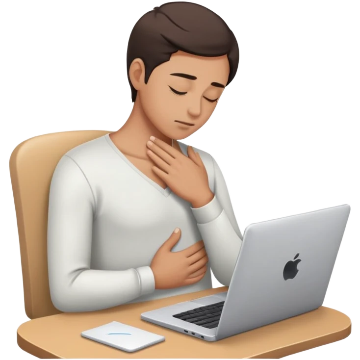 Person with closed eyes, deep breath, hand on chest, computer with email open in front of them emoji