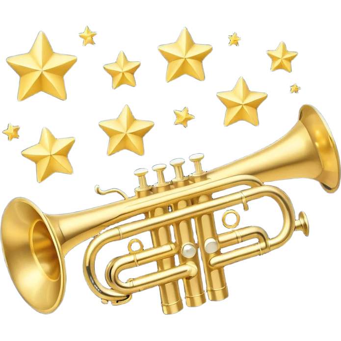 “Flat vector icon of a golden side-view trumpet with three valves, thick outline, on a deep navy blue rounded-square (or circle); 2–3 white or light-blue notes come out of the bell, surrounded by a soft light-yellow glow and a tiny golden star, plus a small speech bubble with the word ‘¡Azúcar!’.  emoji