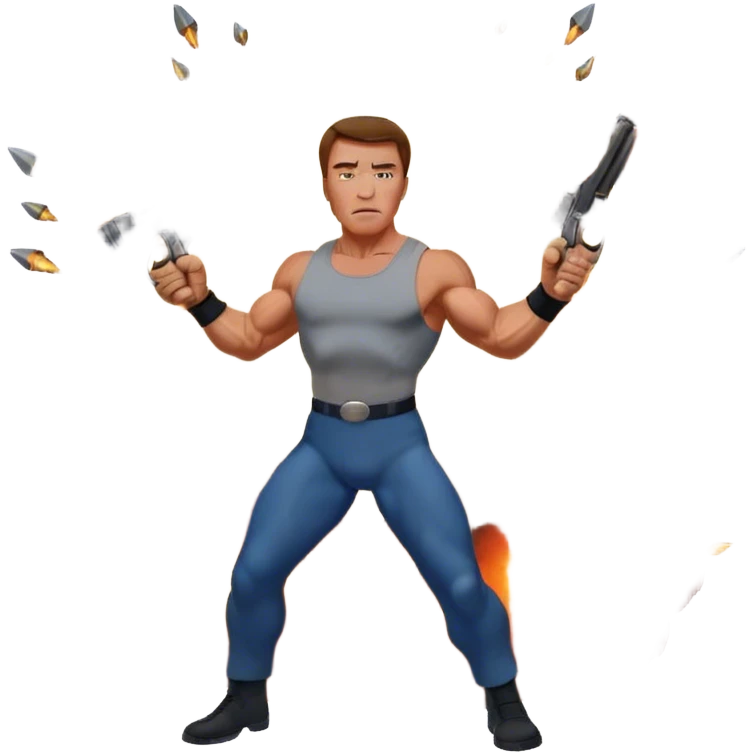 Icon for Action Movies: Arnold Schwarzenegger in the lead role, in an intense action pose with weapons, explosions, and dramatic background. The design should evoke the classic action movie feel with muscle-bound heroes and high-energy sequences. Transparent background. emoji