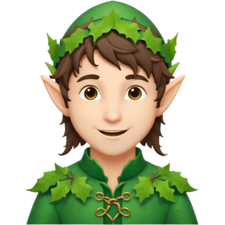handsome elf with messy brunette hair wearing a leafy outfit and smile confidently emoji