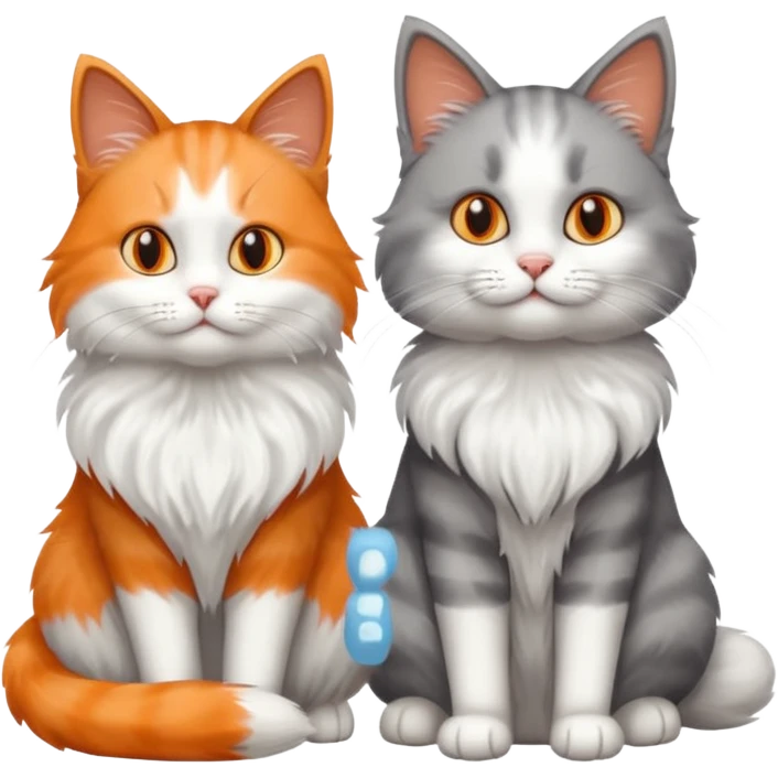 a realistic looking very fluffy grey and white cat sitting next to another cat emoji
