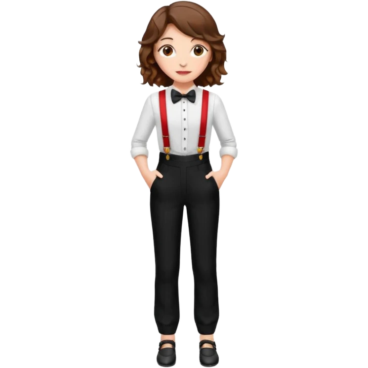 Woman with wavy brown hair and hazel eyes wearing black tuxedo pants with red suspenders emoji