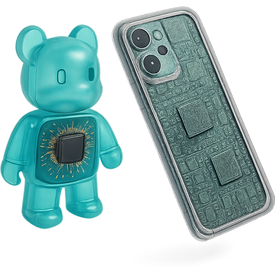 A smartphone with see-through casing revealing detailed internal components, processor chips and circuit boards visible inside emoji