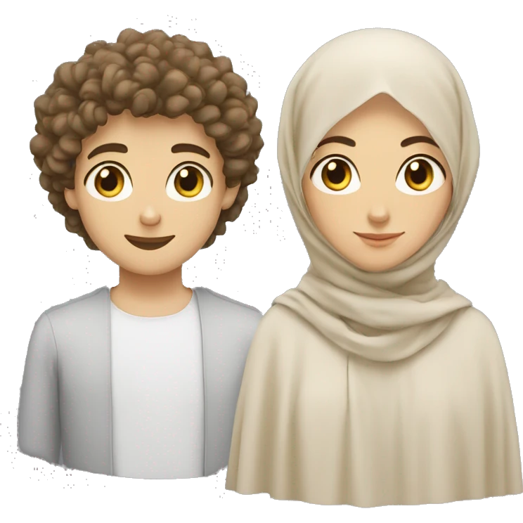 young white European guy with curly black hairs plus hijabi girl light skin  emoji