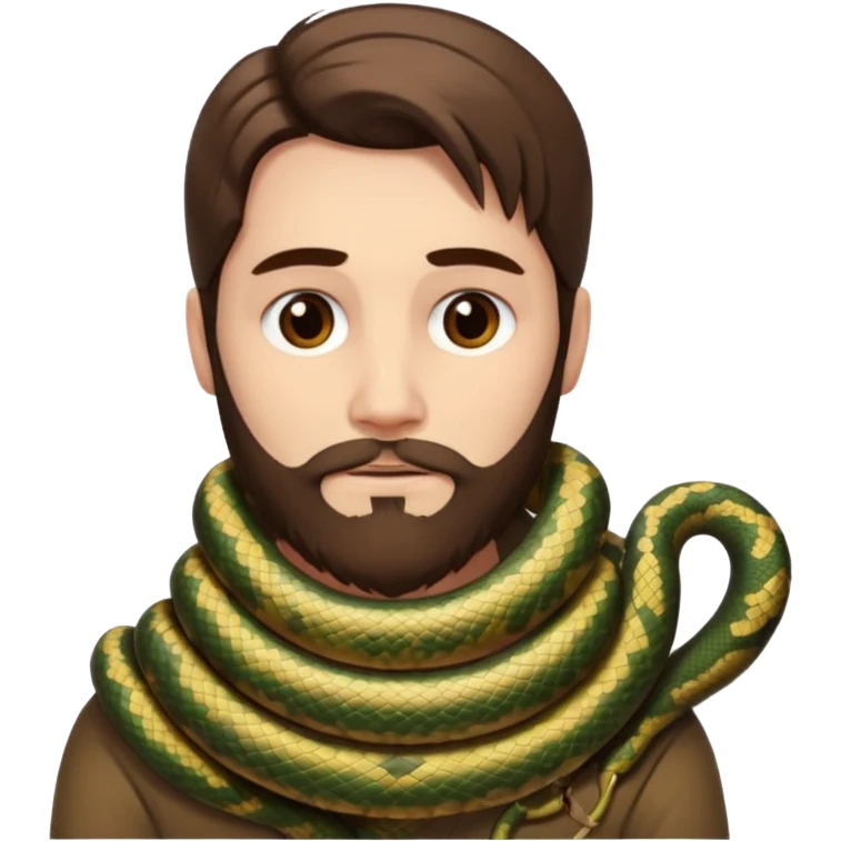 portrait man long brown hair brown eyes medium beard white skin with snake wrapped around neck calmly emoji
