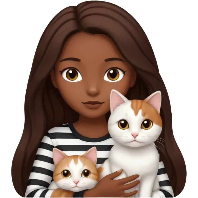 a dark-skinned girl with long brown hair, big brown eyes and a Scottish white cat with black stripes in her hands emoji