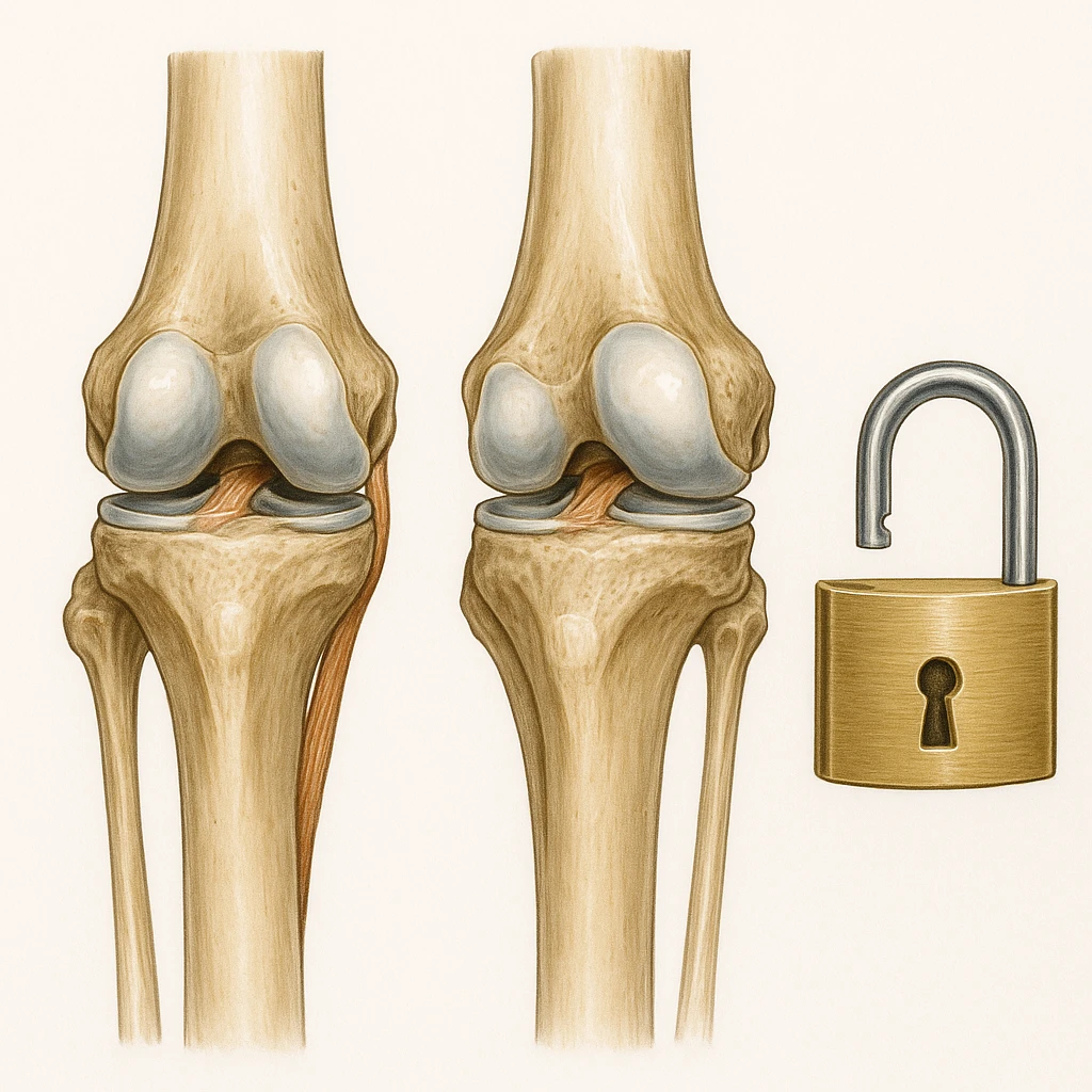 hyperrealistic human anatomical knees on white background, detailed medical style, with an open padlock next to them emoji