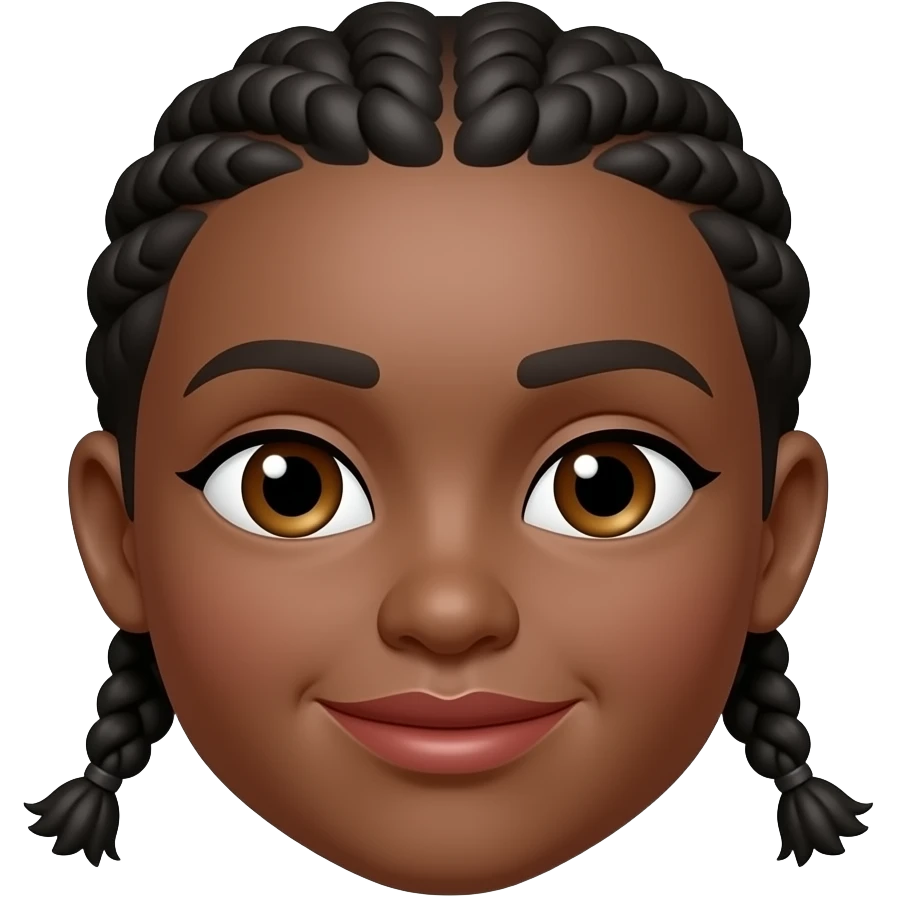 A BRATZ styled emoji of a Dark-skinned young woman with smooth skin, full lips, almond-shaped eyes, slightly hooded eyelids, defined natural brows, small rounded nose, soft cheek structure, oval-round face, neat small braids with curly ends framing the face. bratz art style emoji