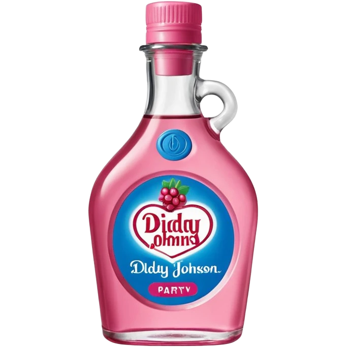 bottle of oil blue top pink outside with logo that says Diddy Party oil Johnson and Johnson  brand with a smiling berry on top emoji