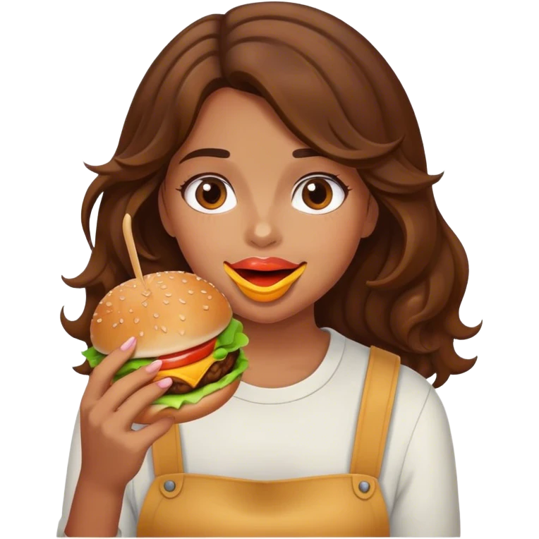 Girl with wavy hair eating burger emoji