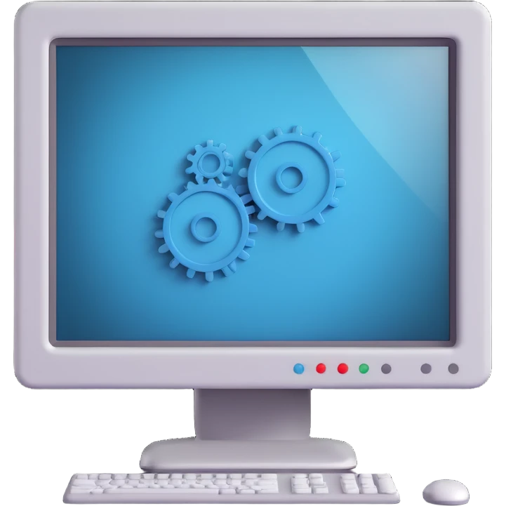 3D style icon of computer settings, featuring a computer monitor with visible cogs or gears, modern and dimensional, suitable for a tech interface emoji